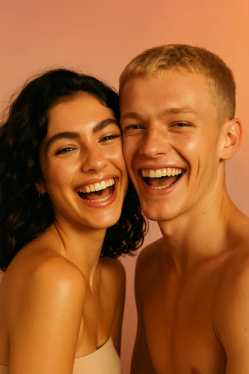 Junges Paar lacht zusammen, beide mit gepflegter natürlicher Haut — Skincare ist für alle Geschlechter