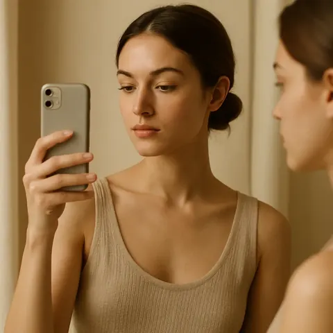 Frau macht ein Selfie mit dem Smartphone vor weichem Tageslicht