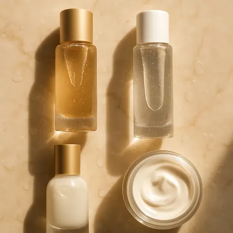 Drei Skincare-Produkte arrangiert auf hellem Marmorhintergrund